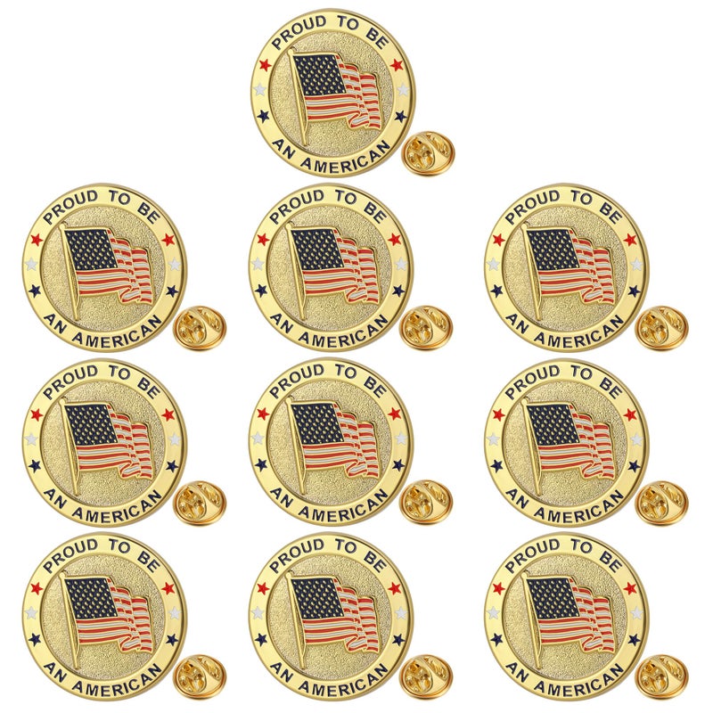 TONOS 10 Pack Round American Flag Pins, Gold USA Lapel Pins - Pround to Be An American Pin for Memorial Day, Flag Day, Independence Day - Image 1
